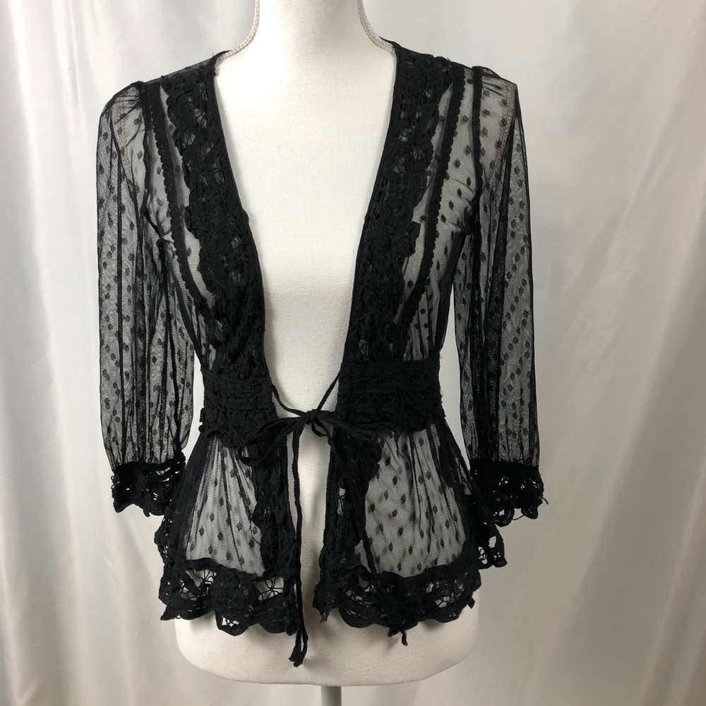 BLACK LACE SHEER TIE FRONT JACKET 3/4 SLEEVES
